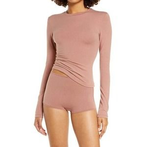 SKIMS Womens Small Long Sleeve Cotton Tee In Rose Clay Solid Crew Neck